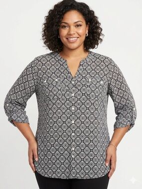 Millenium black/cream floral 3/4 sleeve button front blouse size large NWT